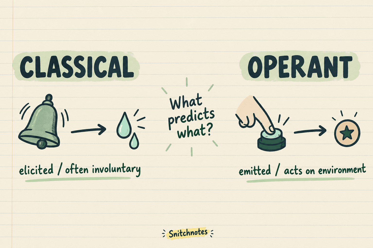 Ask what predicts what: classical conditioning usually involves an elicited response, while operant conditioning involves behavior that acts on the environment.