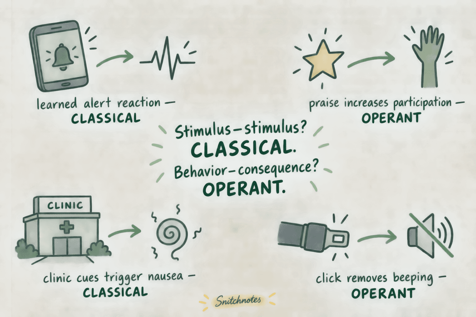 Four scenarios classified by the core rule: stimulus–stimulus learning is classical; behavior–consequence learning is operant.