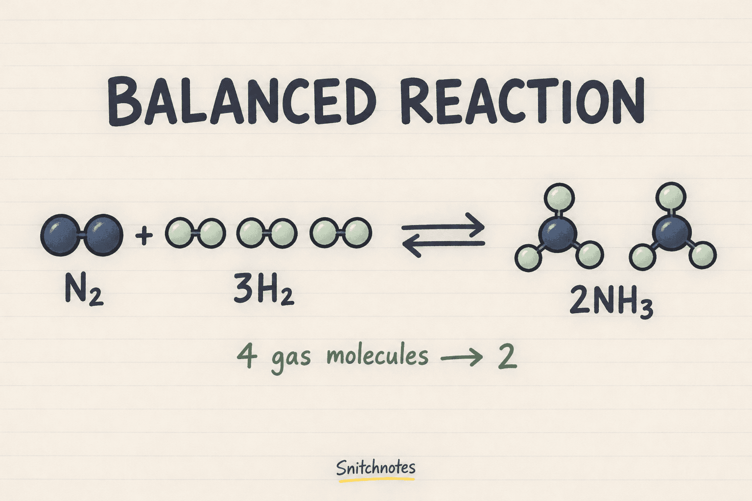 One nitrogen molecule and three hydrogen molecules can form two ammonia molecules; the reversible arrow shows that ammonia can also decompose.
