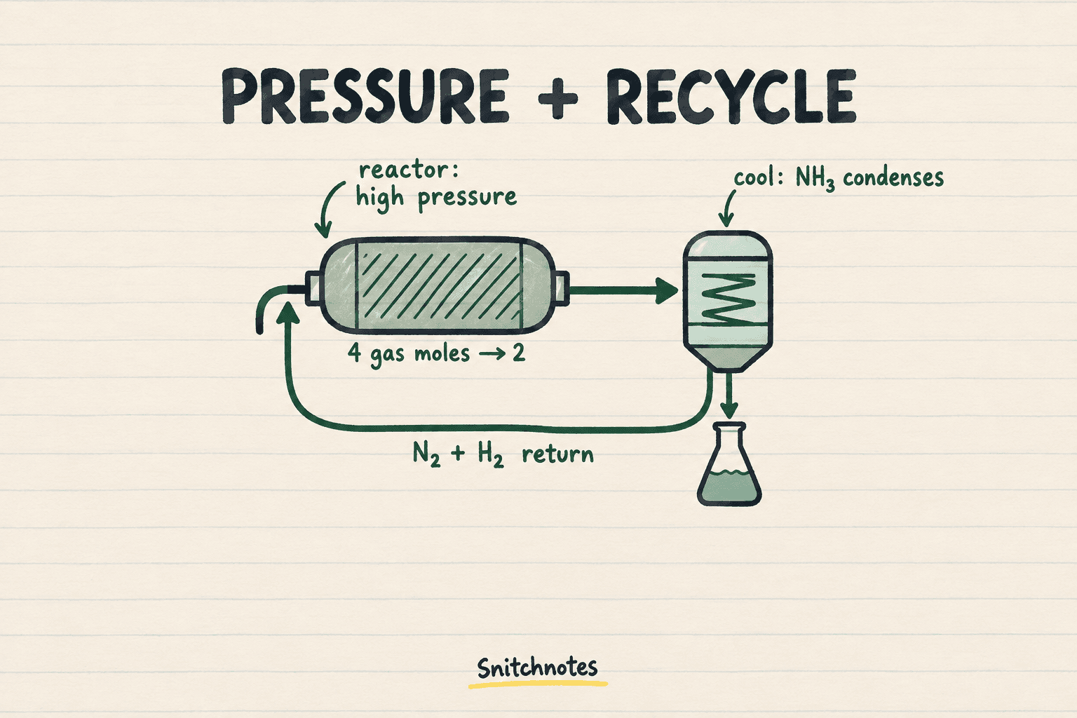 Cooling removes liquid ammonia, while unreacted nitrogen and hydrogen return to the reactor instead of being discarded.