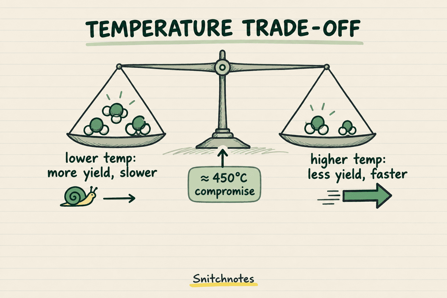 Lower temperature favors ammonia at equilibrium, while higher temperature increases reaction rate; about 450°C is a practical compromise taught for the process.