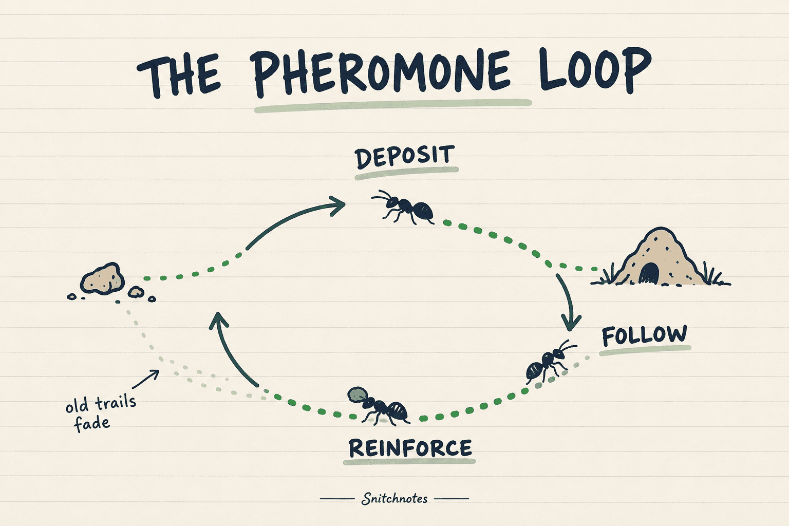 Ants deposit pheromone, other ants are more likely to follow a stronger trail, and repeated trips reinforce it while unused trails fade.