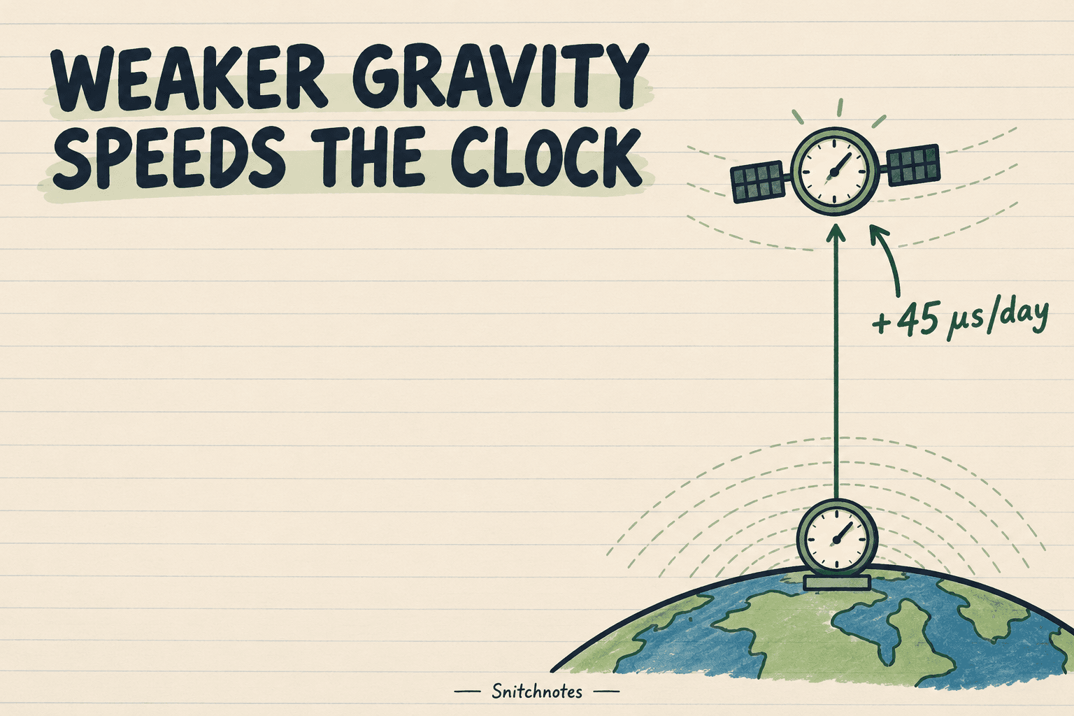 Weaker gravity at GPS orbit altitude makes the satellite clock gain about 45 microseconds per day relative to a clock on Earth.