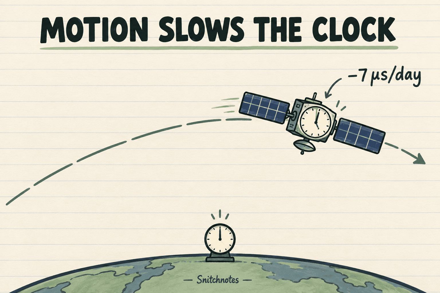 A GPS satellite’s motion makes its onboard clock lose about 7 microseconds per day relative to a clock on Earth.