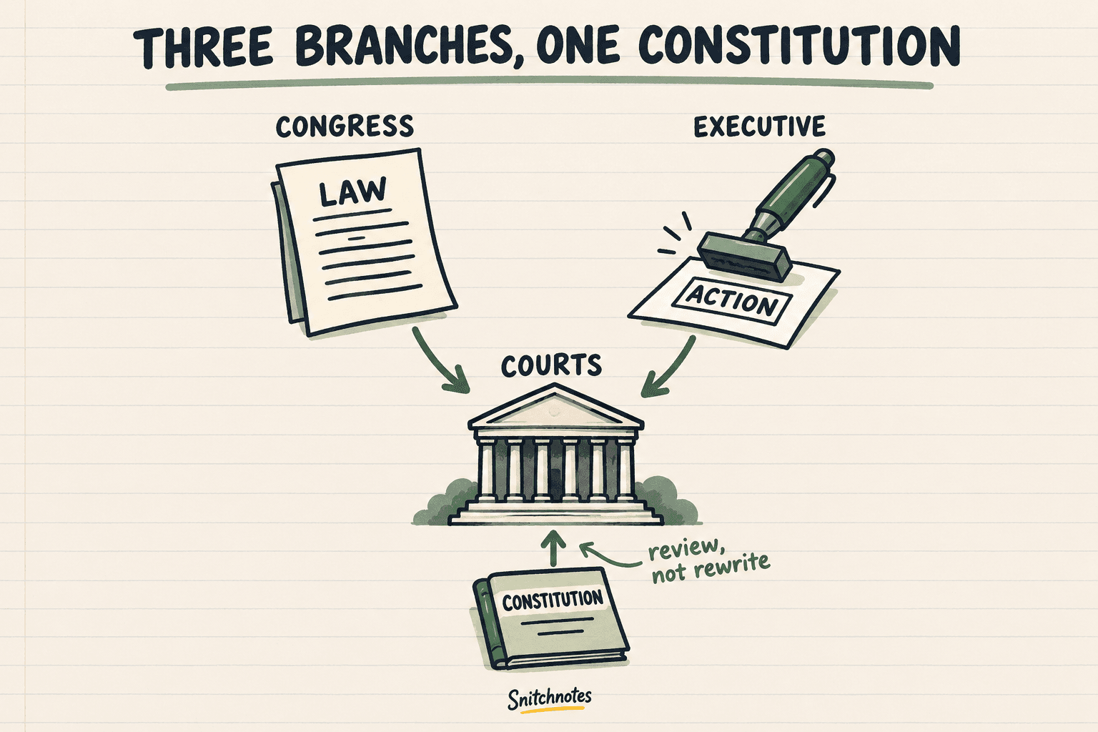 Congress makes laws and the executive carries them out; courts can review both branches' actions against the Constitution in cases they are authorized to decide.