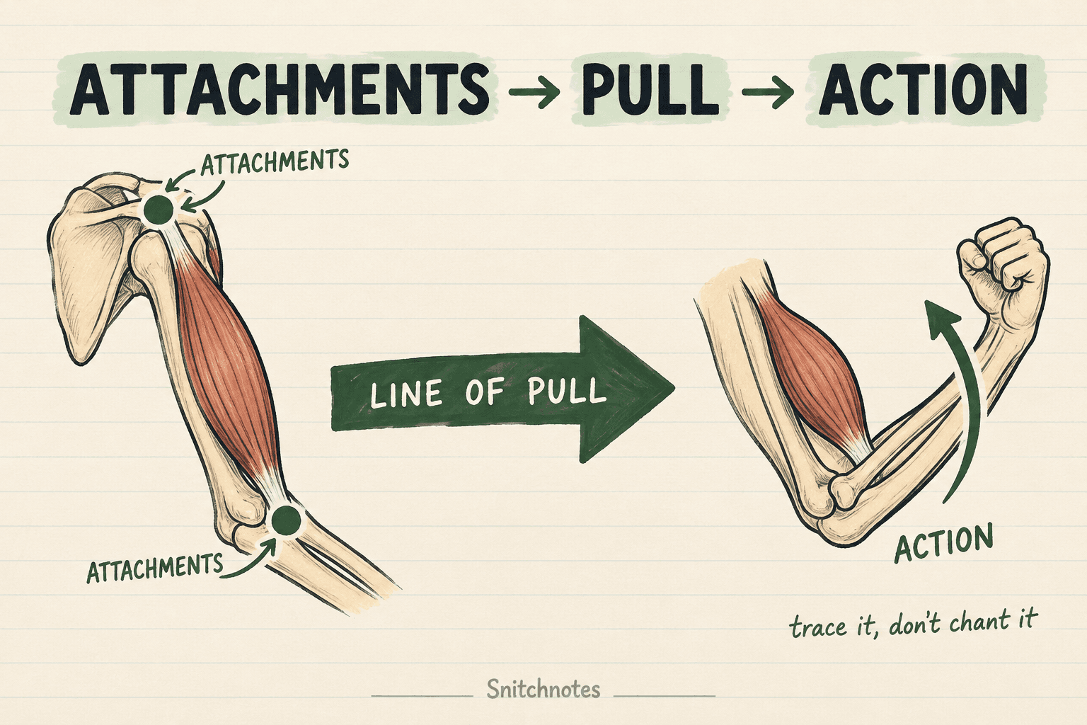 Trace the attachments across the joint, follow the line of pull, and then name the movement.