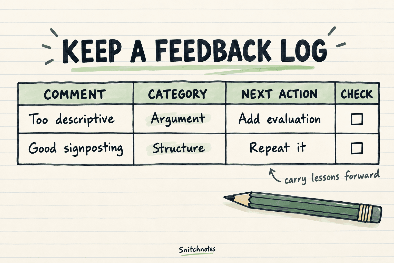 A compact feedback log preserves strengths as well as improvements and turns old comments into a checklist for future drafts.