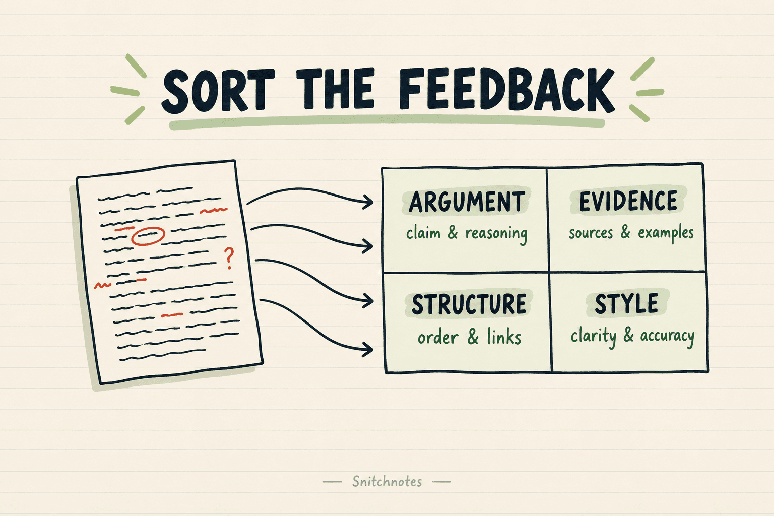 Sort comments into argument, evidence, structure, and style so a page of annotations becomes a manageable set of writing problems.
