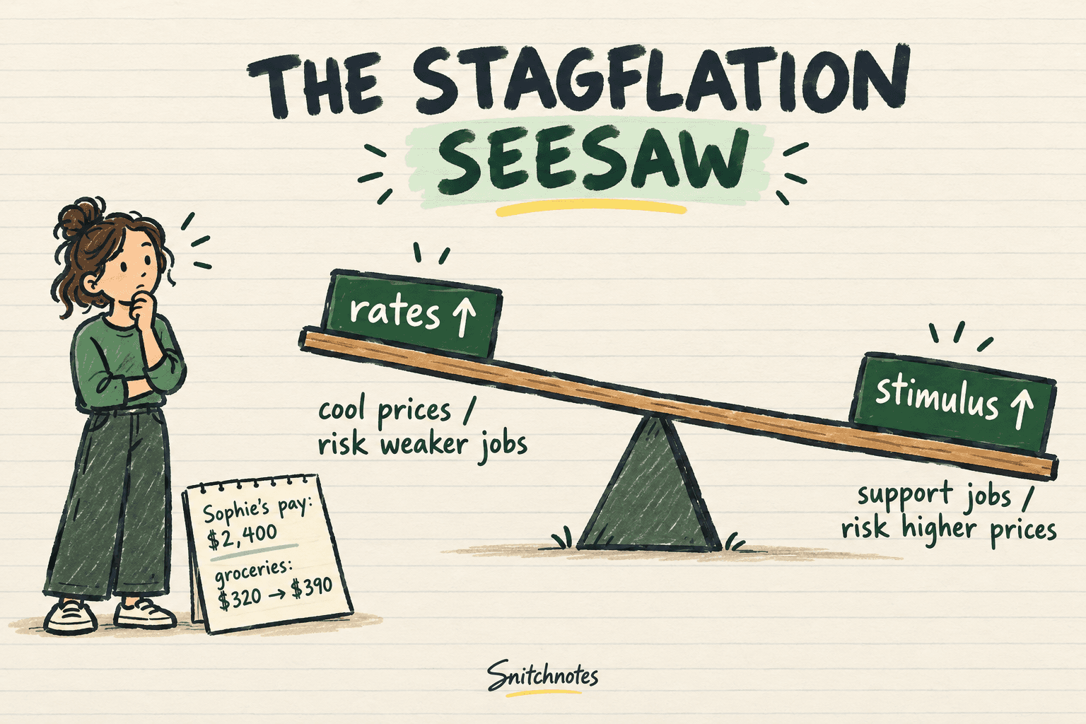 Sophie feels higher living costs while the wider economy loses momentum: tighter policy can cool prices but weaken jobs, while broad stimulus can support jobs but intensify inflation.