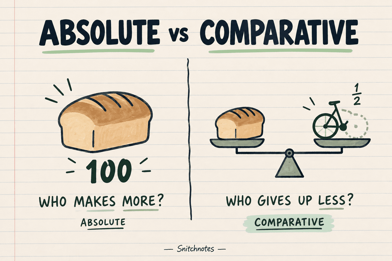 Absolute advantage asks who produces more; comparative advantage asks who sacrifices less of the other good.