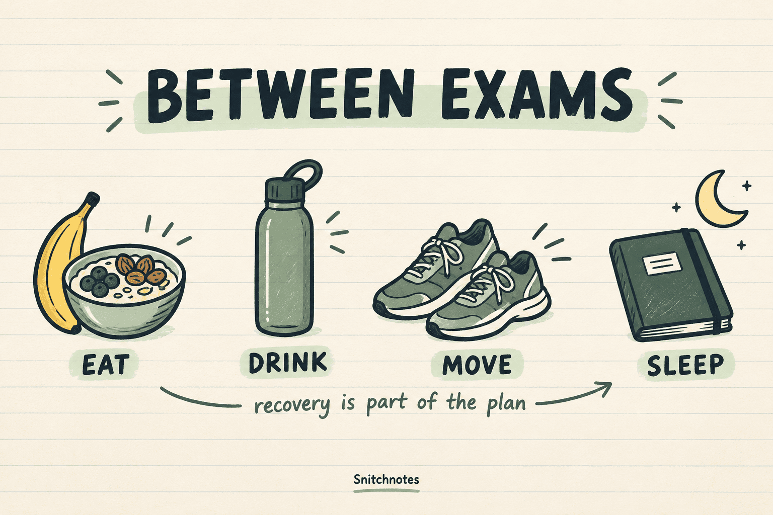 Between exams, eat, hydrate, move, and protect sleep instead of immediately starting another marathon session.