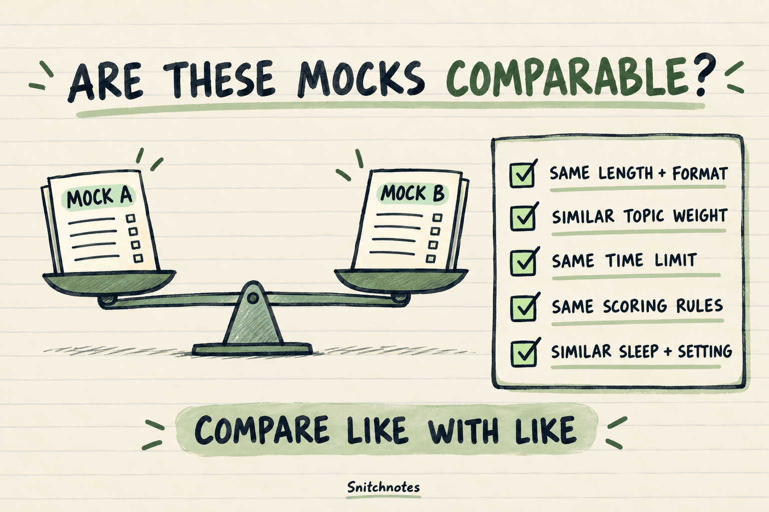 Compare scores only after checking test length, topic weighting, time limit, scoring rules, and testing conditions.