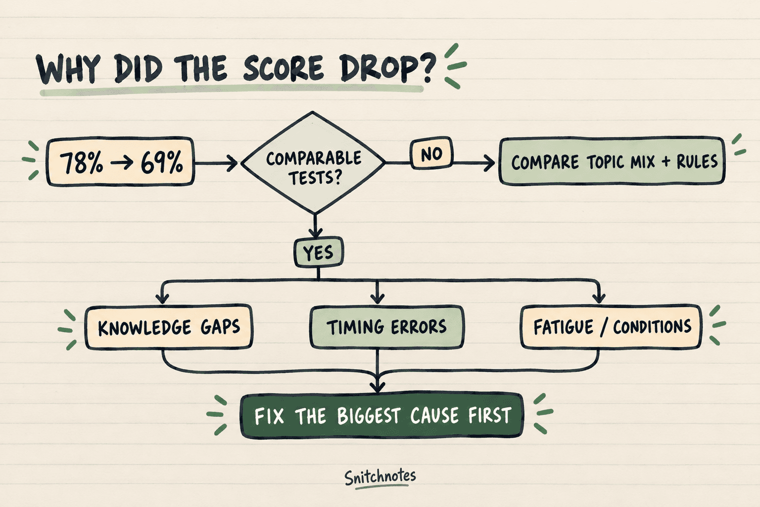 First check whether the tests were comparable; then sort the drop into knowledge, timing, or test-condition causes and fix the largest cause first.