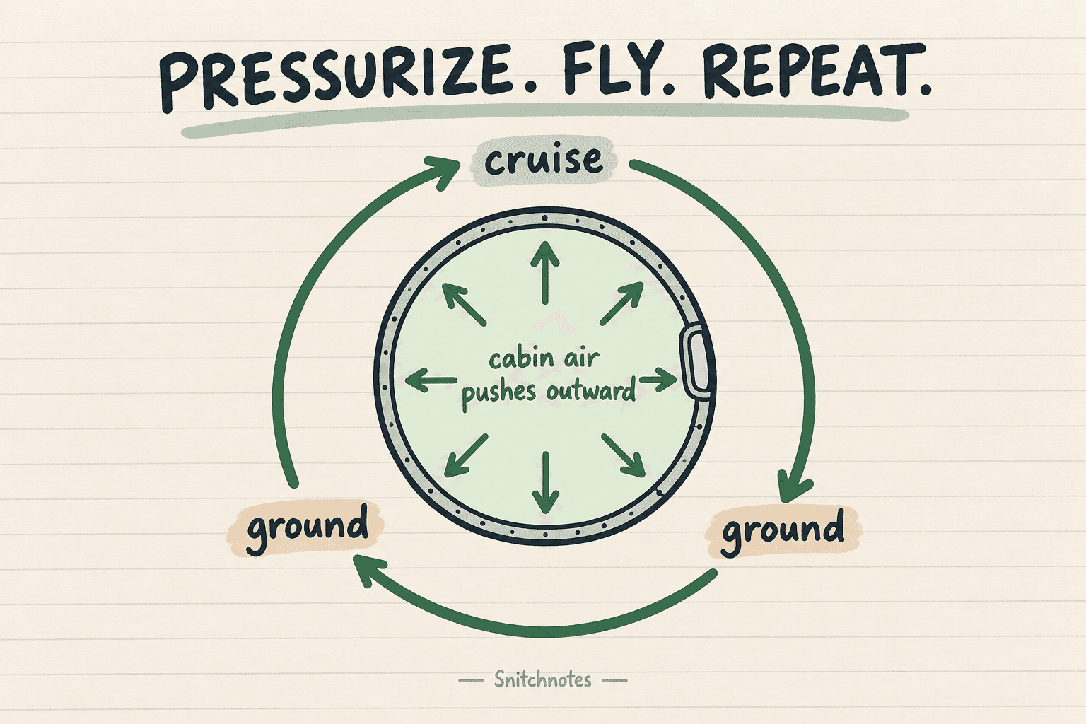 Each ground-to-cruise-to-ground cycle loads and unloads the pressurized fuselage, so small high-stress regions matter over time.
