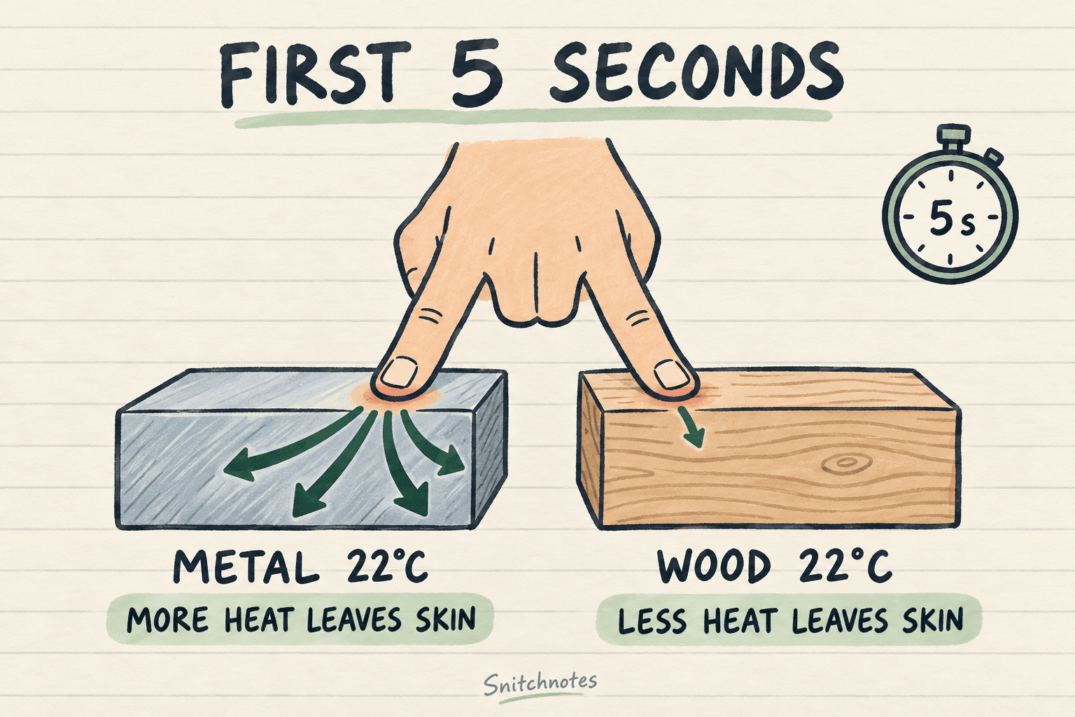 In the first seconds of contact, metal draws heat away from Sophie’s finger faster than wood, although both objects are at 22°C.