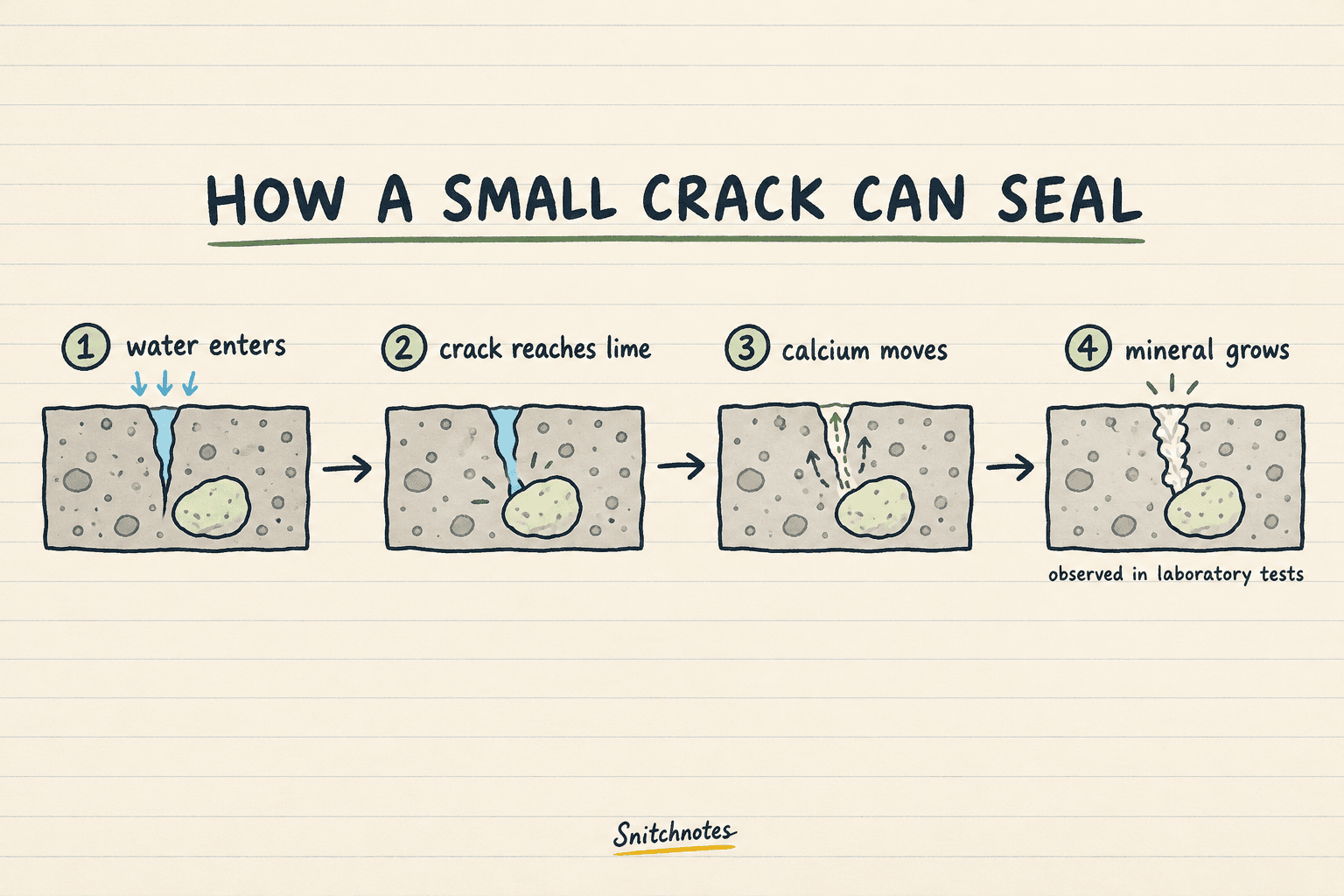 In the proposed self-healing mechanism, water reaches a reactive lime clast, carries calcium into a narrow crack, and helps new mineral material grow there.