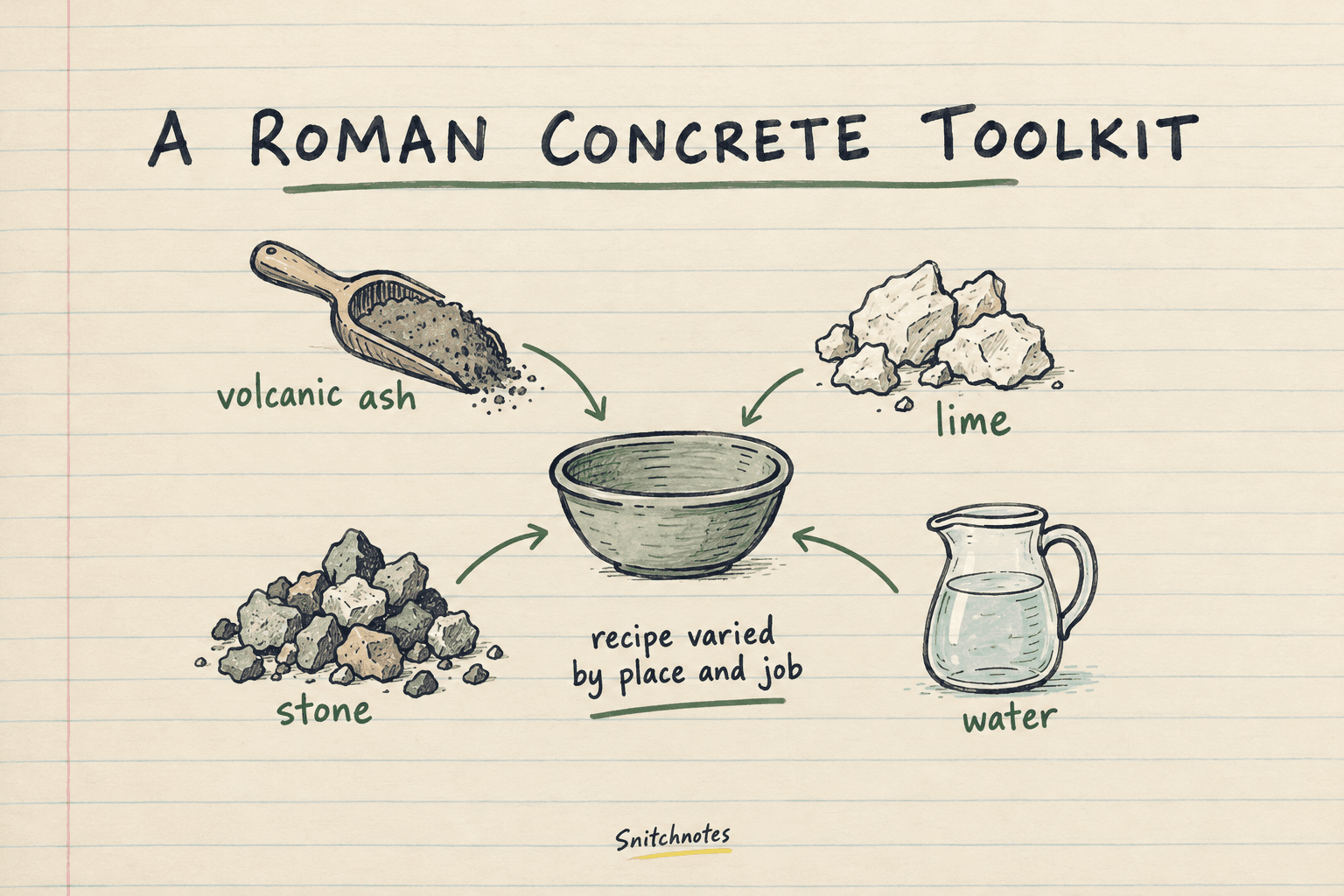 Roman builders combined lime, reactive volcanic material, water, and stone or rubble, adapting the mixture to local materials and the structure's job.